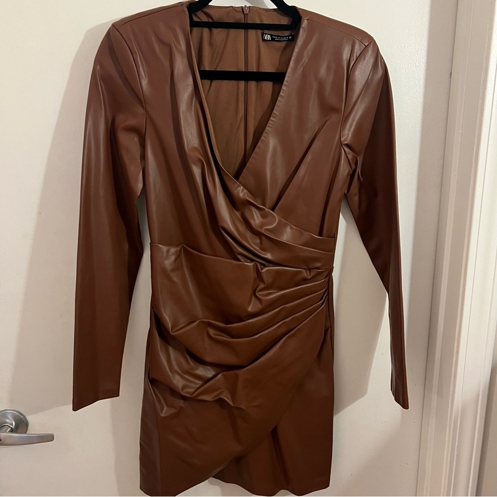 ZARA: Faux Leather brown long sleeve dress M